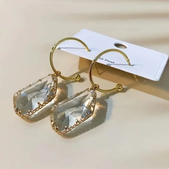 14K Gold Plated Crystal Statement Earrings Nickel Free - Picture 8 of 8